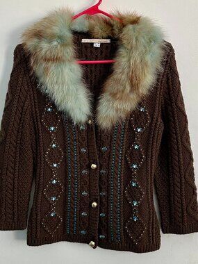 Roberto Cavalli Class Wool Cardigan w/ Fox Fur Collar Size US 6